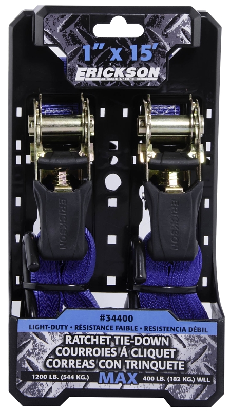Erickson 34400 Tie-Down Strap, 1 in W, 15 ft L, Rubber, Blue, 400 lb Working Load